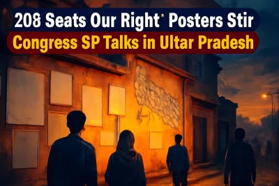 Blank posters outside a party office in Lucknow with an Uttar Pradesh constituency map