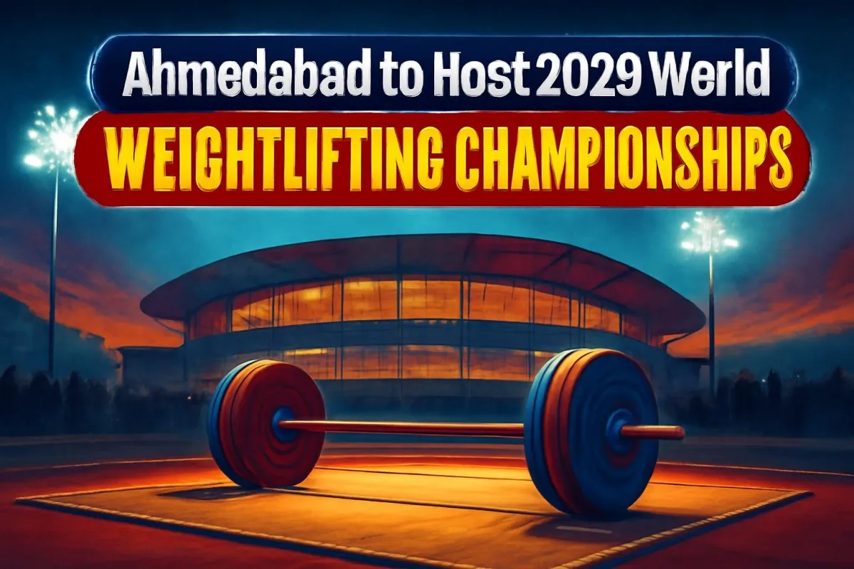 Weightlifting barbell on a competition platform for the 2029 World Championships in Ahmedabad