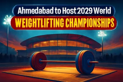 Weightlifting barbell on a competition platform for the 2029 World Championships in Ahmedabad