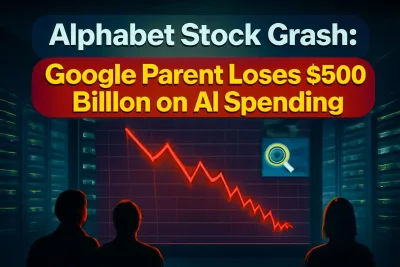 Stock screen showing a sharp fall beside data centre servers, illustrating Alphabet's share crash