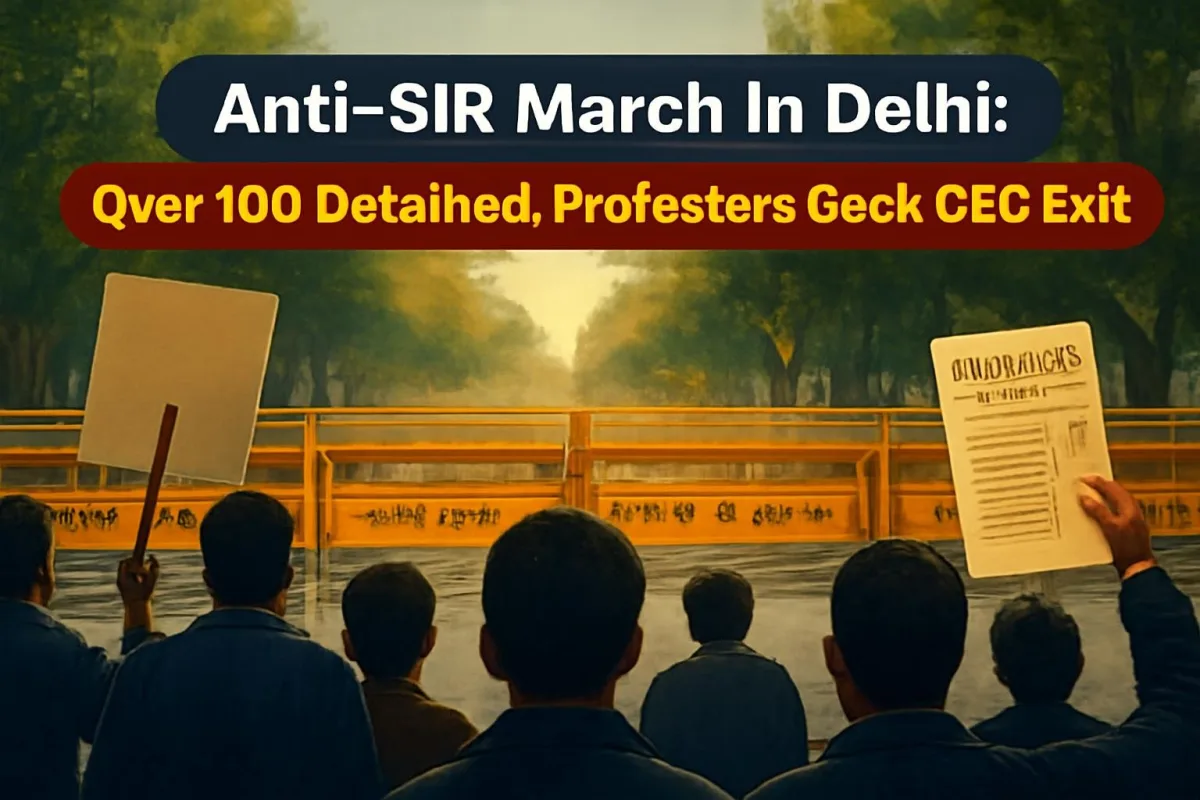Police barricades and protesters seen from behind in central Delhi during the anti-SIR march