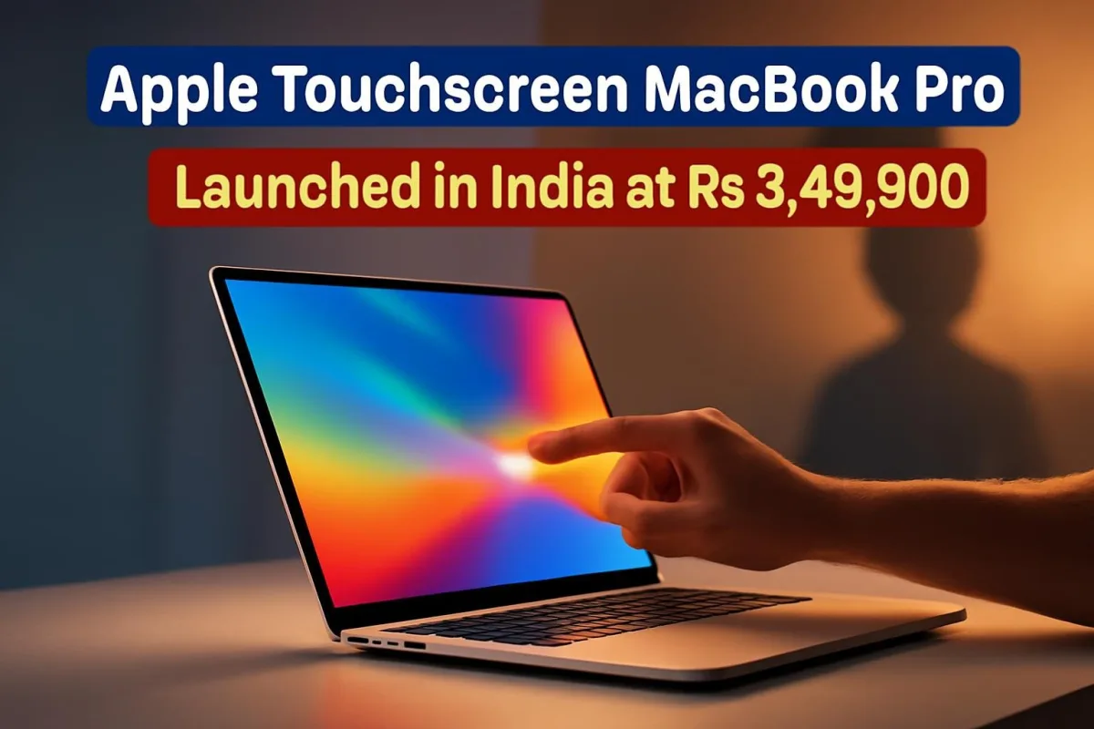 Touchscreen laptop with OLED display on a desk representing Apple's new MacBook Pro