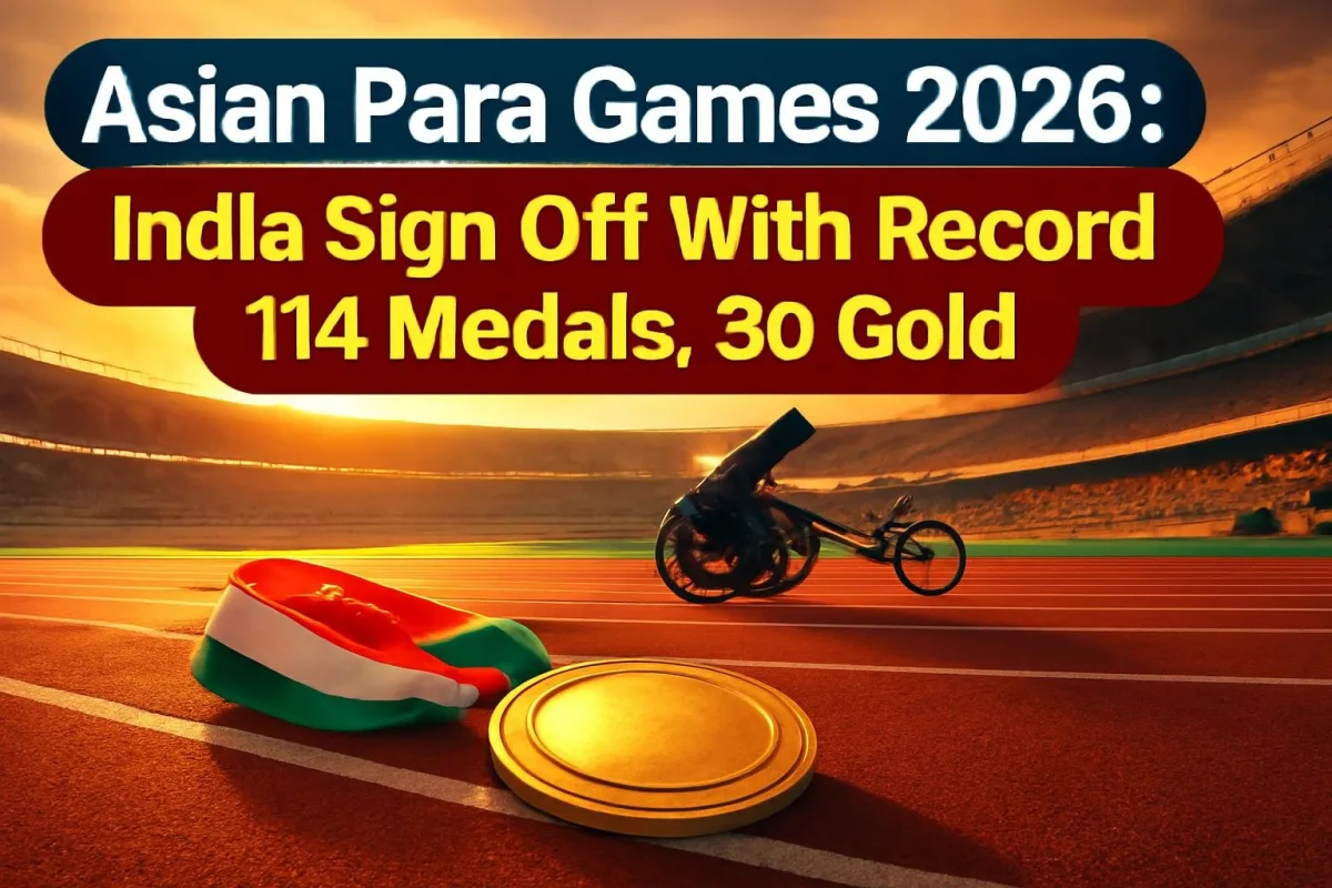 Athletics stadium in Nagoya with a gold medal on the track, representing India's record Asian Para Games 2026 haul
