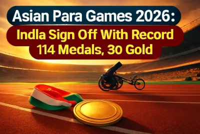 Athletics stadium in Nagoya with a gold medal on the track, representing India's record Asian Para Games 2026 haul