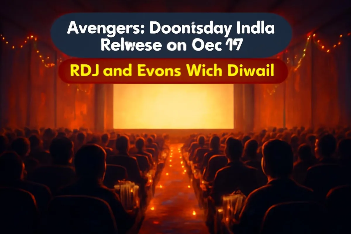 Audience in an Indian cinema hall decorated with Diwali lights before a big release
