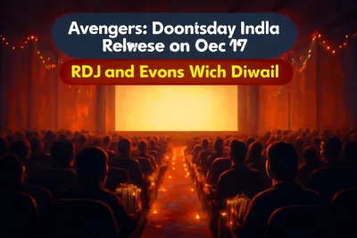 Audience in an Indian cinema hall decorated with Diwali lights before a big release