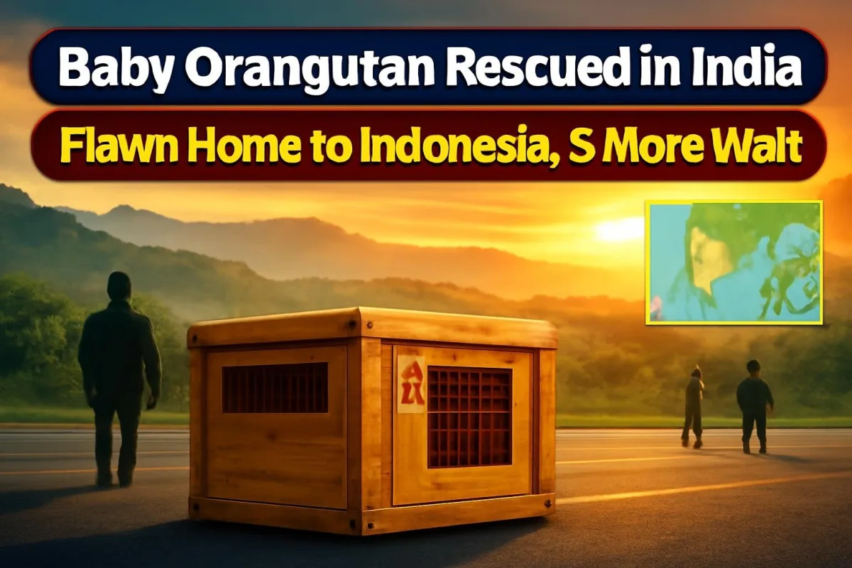 Animal transport crate at an airport with Sumatran rainforest backdrop, symbolising orangutan repatriation