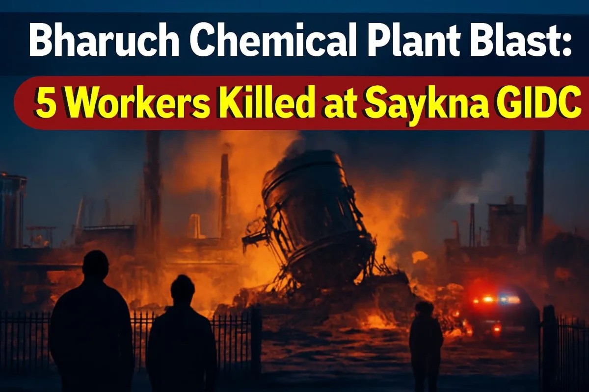 Chemical factory at night after a reactor blast in an industrial estate in Bharuch, Gujarat