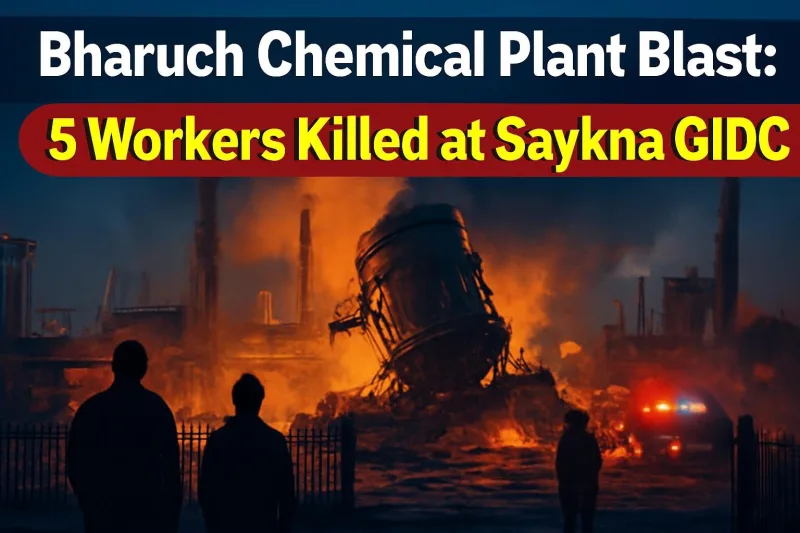 Chemical factory at night after a reactor blast in an industrial estate in Bharuch, Gujarat