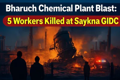 Chemical factory at night after a reactor blast in an industrial estate in Bharuch, Gujarat