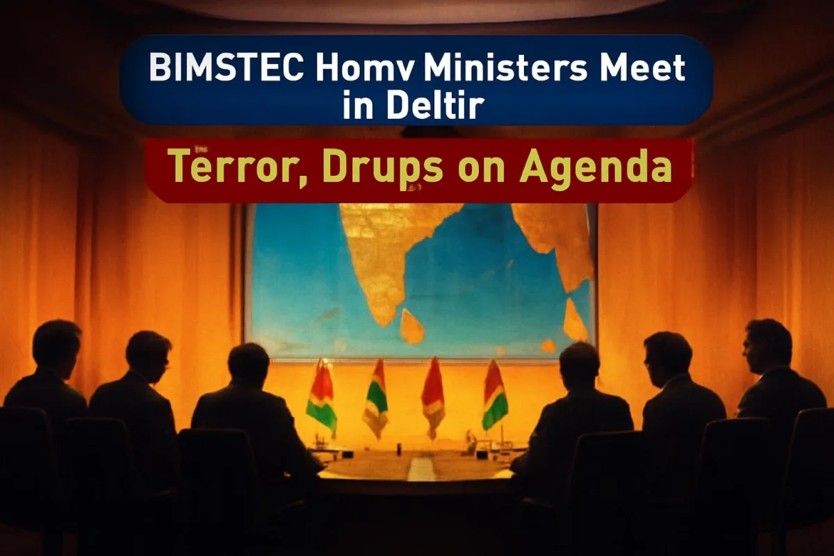 Illustration of a regional security meeting table with a map of the Bay of Bengal