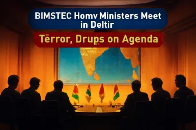Illustration of a regional security meeting table with a map of the Bay of Bengal