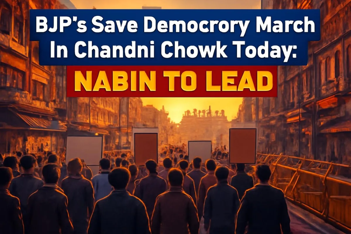Illustration of a political march in Chandni Chowk, Delhi, with the Red Fort in the background
