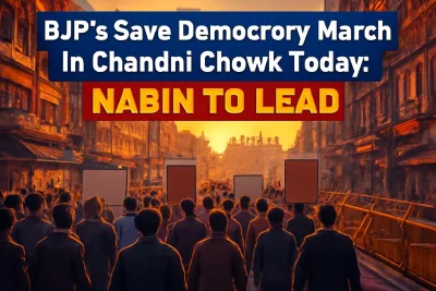 Illustration of a political march in Chandni Chowk, Delhi, with the Red Fort in the background