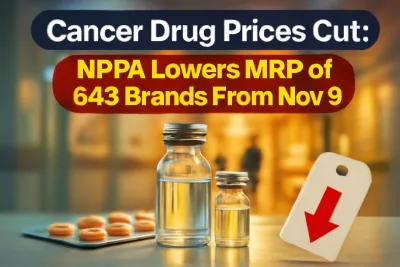 Medicine vials and tablet strips on a pharmacy counter, representing the NPPA cut in anti-cancer drug prices