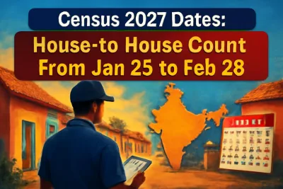 Census 2027 enumerator visiting houses in an Indian village