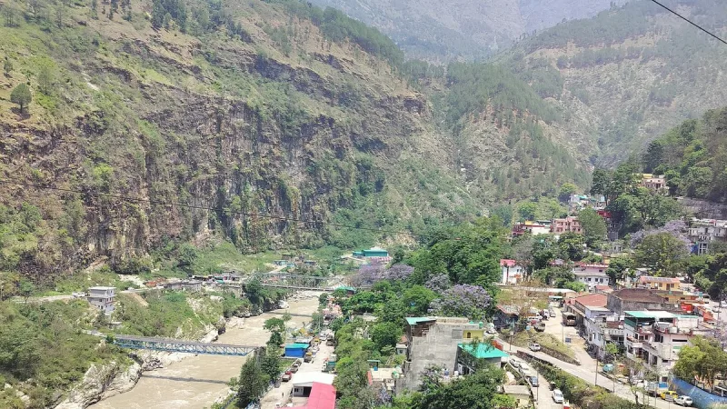 Hillside town and river valley in Chamoli district, Uttarakhand