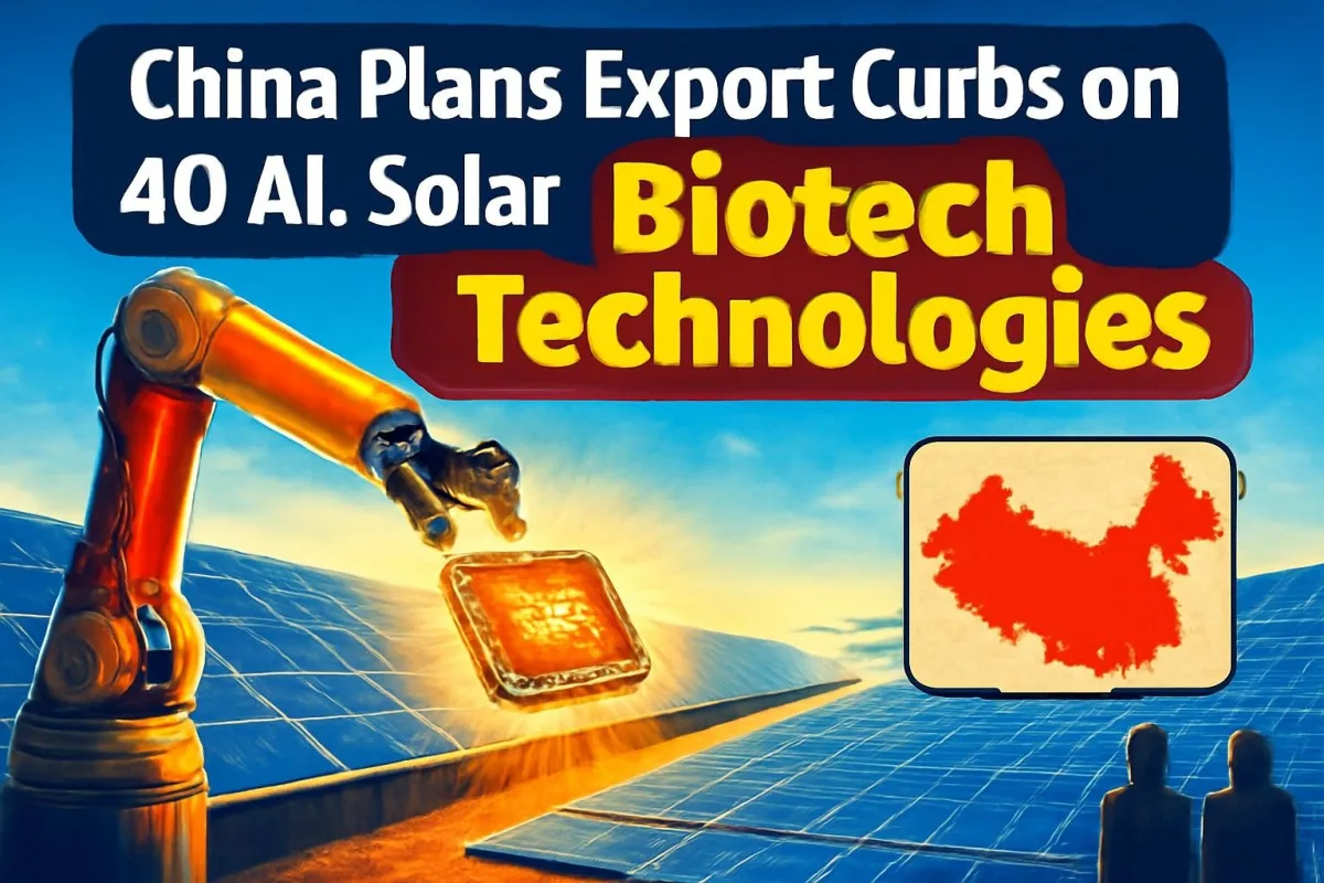 Solar panels and microchip illustrating China's proposed export curbs on AI, solar and biotech technologies