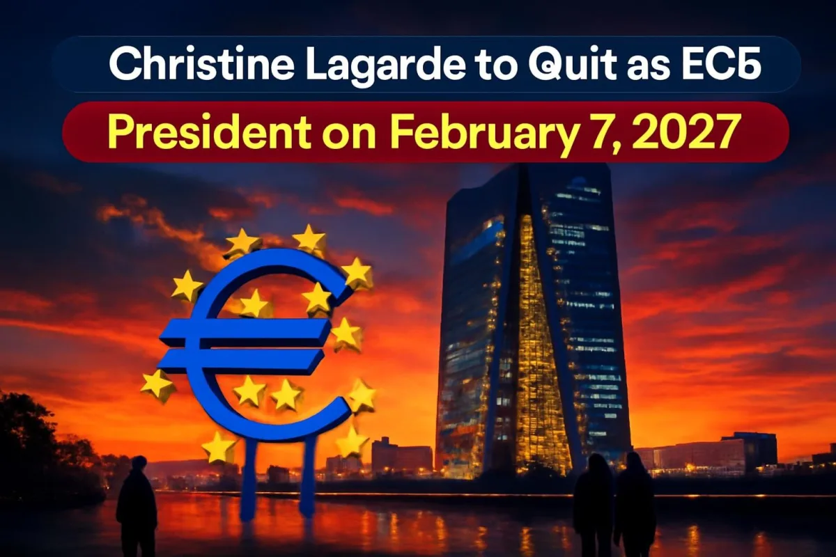 European Central Bank headquarters in Frankfurt at dusk, as Christine Lagarde announces she will step down
