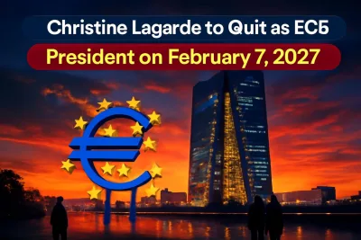 European Central Bank headquarters in Frankfurt at dusk, as Christine Lagarde announces she will step down