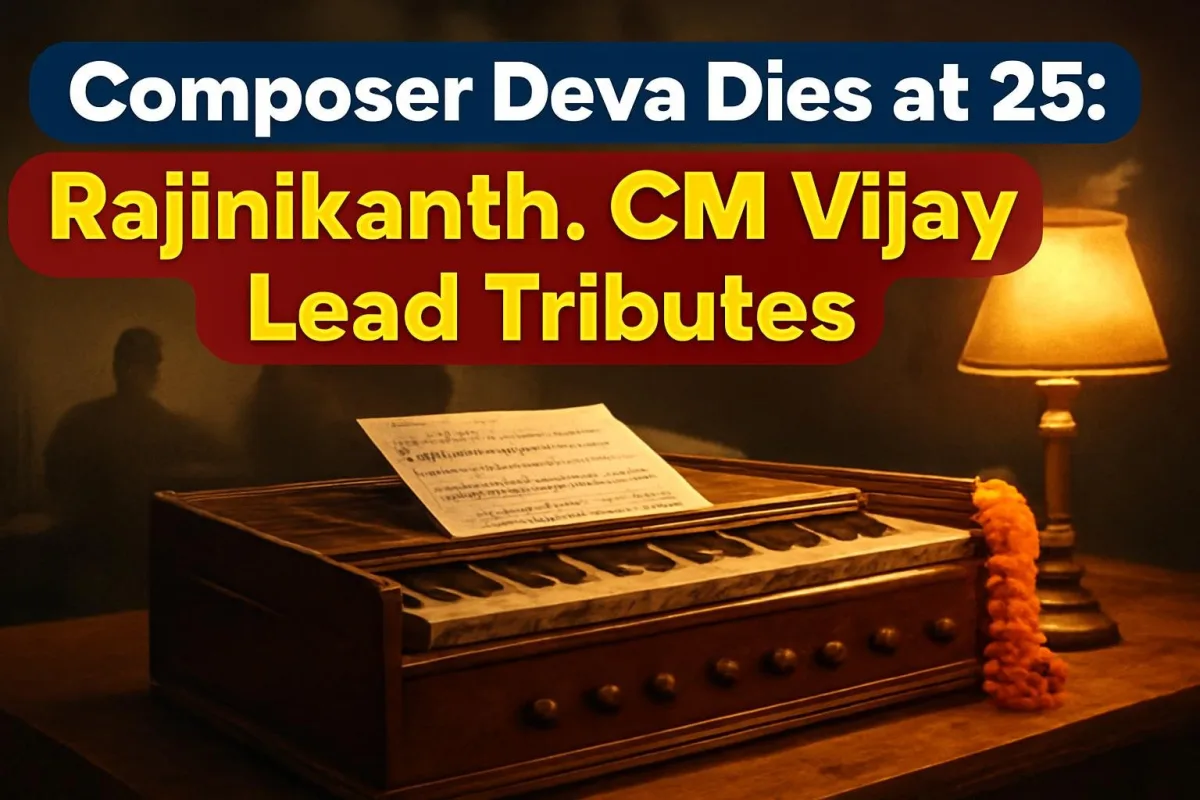 Harmonium and sheet music in a Chennai studio as a tribute to composer Deva
