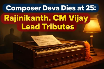 Harmonium and sheet music in a Chennai studio as a tribute to composer Deva