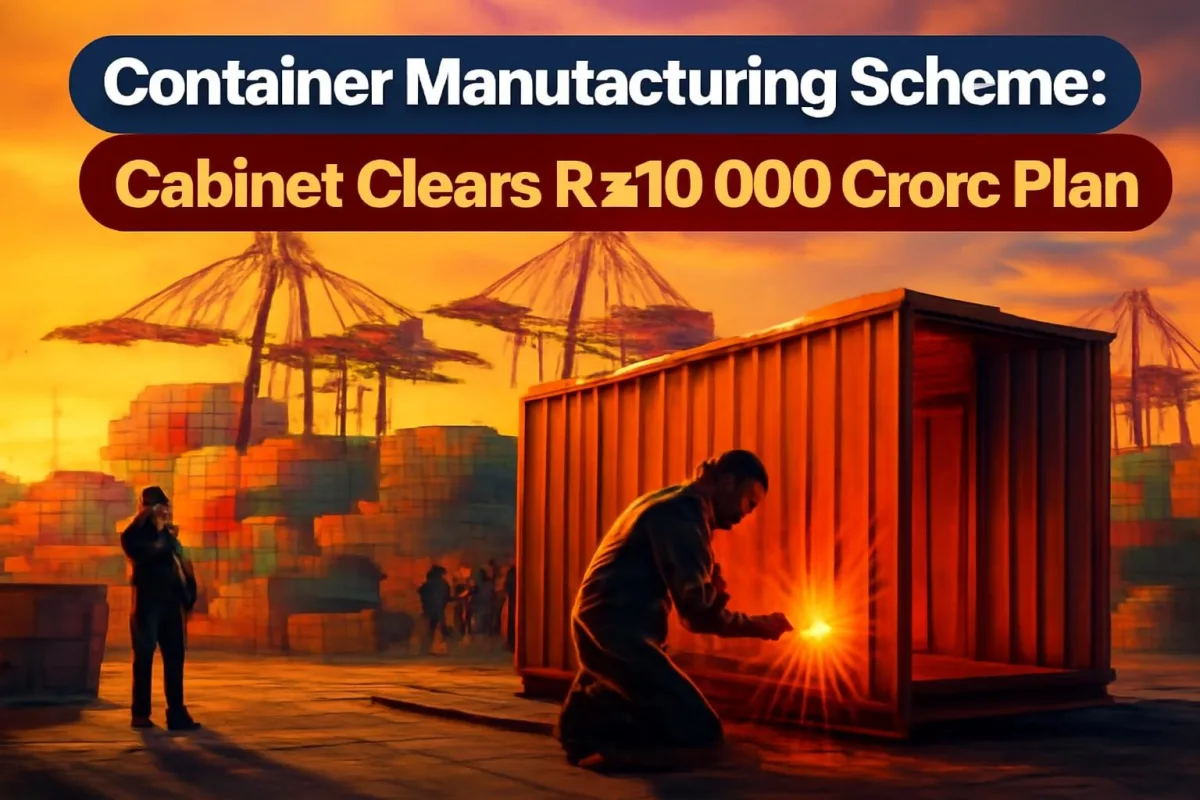 Stacks of shipping containers and cranes at an Indian port, representing the Container Manufacturing Promotion Scheme
