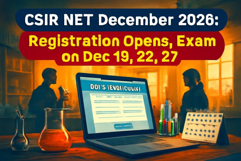 Science lab desk with laptop application form and calendar, for CSIR NET December 2026 registration