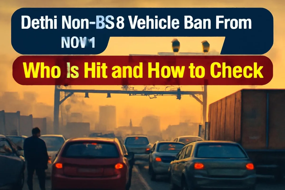 Vehicles queuing at a Delhi border checkpoint on a smoggy morning