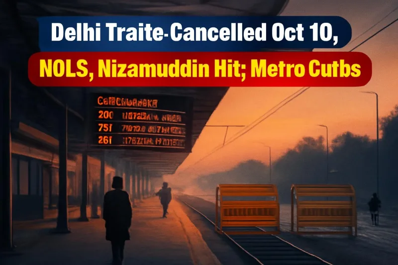 Empty railway platform with a board showing cancelled trains in Delhi