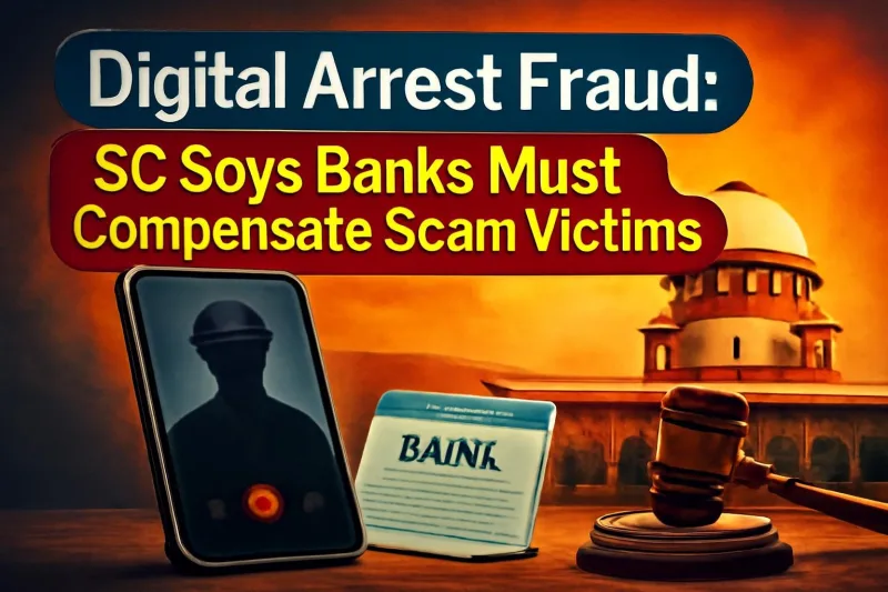 Illustration of digital arrest scam with smartphone, bank passbook and gavel