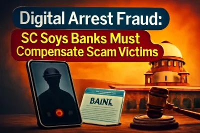 Illustration of digital arrest scam with smartphone, bank passbook and gavel