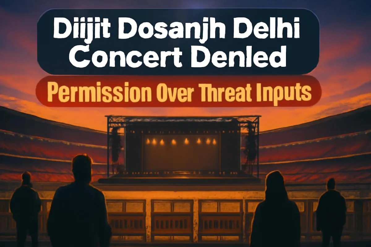 Illustration of an empty concert stage and police barricades at a Delhi stadium