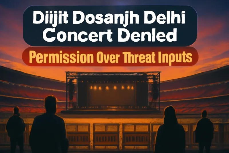 Illustration of an empty concert stage and police barricades at a Delhi stadium