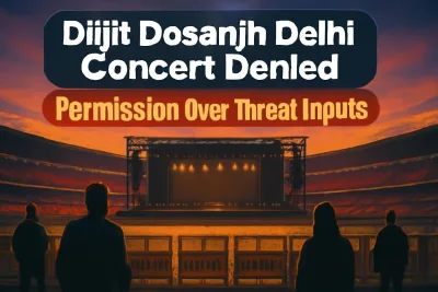 Illustration of an empty concert stage and police barricades at a Delhi stadium