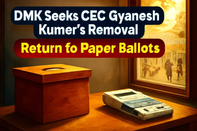 Ballot box and EVM on a table, representing DMK's demand to return to paper ballots