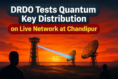 Test range at Chandipur, Odisha, with communication towers, illustrating DRDO's quantum key distribution test