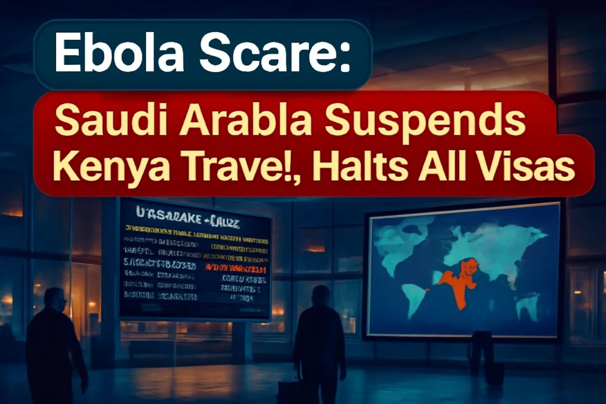 Airport board showing cancelled Nairobi flight after Saudi Arabia suspends Kenya travel over Ebola