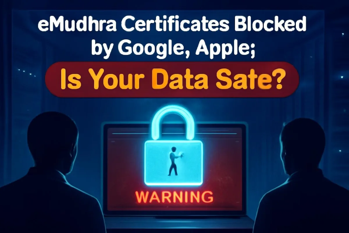 Broken digital padlock over a browser security warning, representing the eMudhra certificate issue