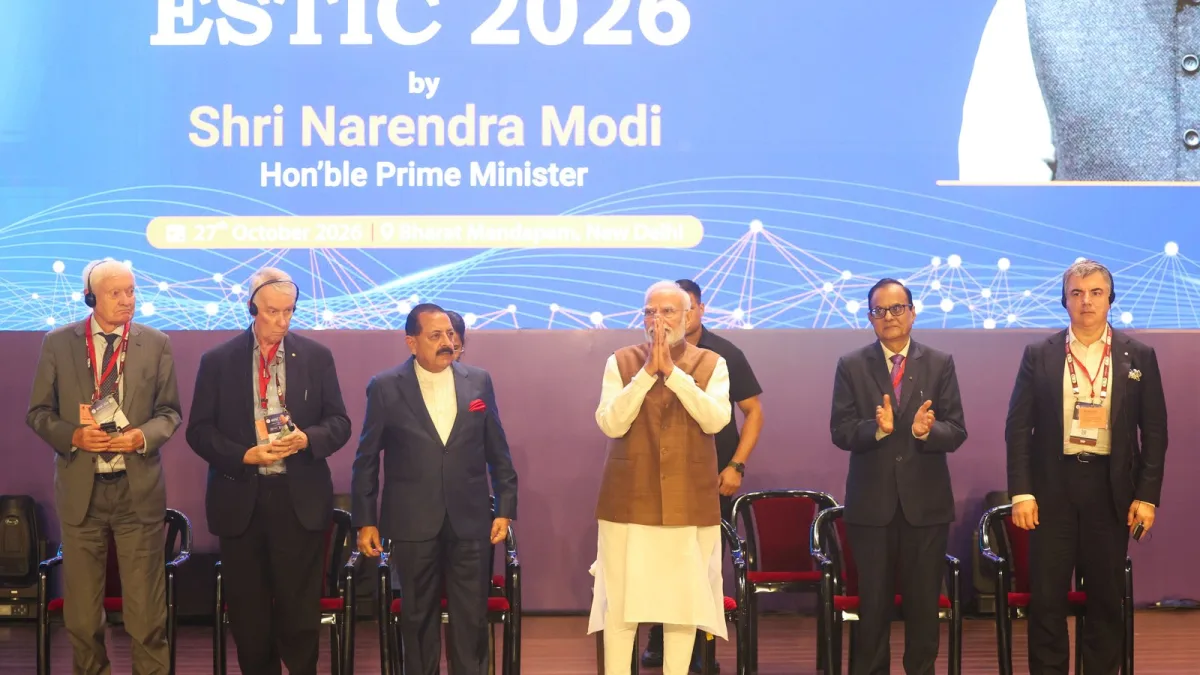 PM Narendra Modi with scientists and Union Minister Jitendra Singh at the inauguration of ESTIC 2026 at Bharat Mandapam