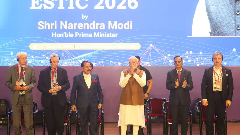 PM Narendra Modi with scientists and Union Minister Jitendra Singh at the inauguration of ESTIC 2026 at Bharat Mandapam