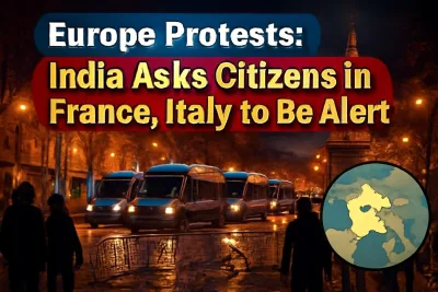 Paris street with police vans and barricades and a map of France, Italy and Belgium, illustrating India's Europe advisory