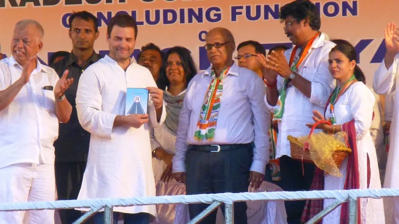 Rahul Gandhi on stage with Congress leaders at a party event in Goa