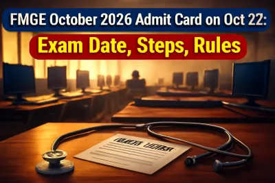 Computer-based exam hall with a stethoscope and admit card for the FMGE October 2026 session