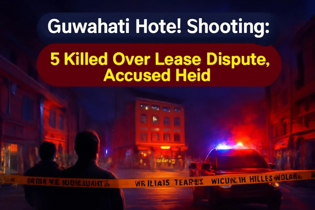 Illustration of a cordoned-off hotel in Guwahati at night