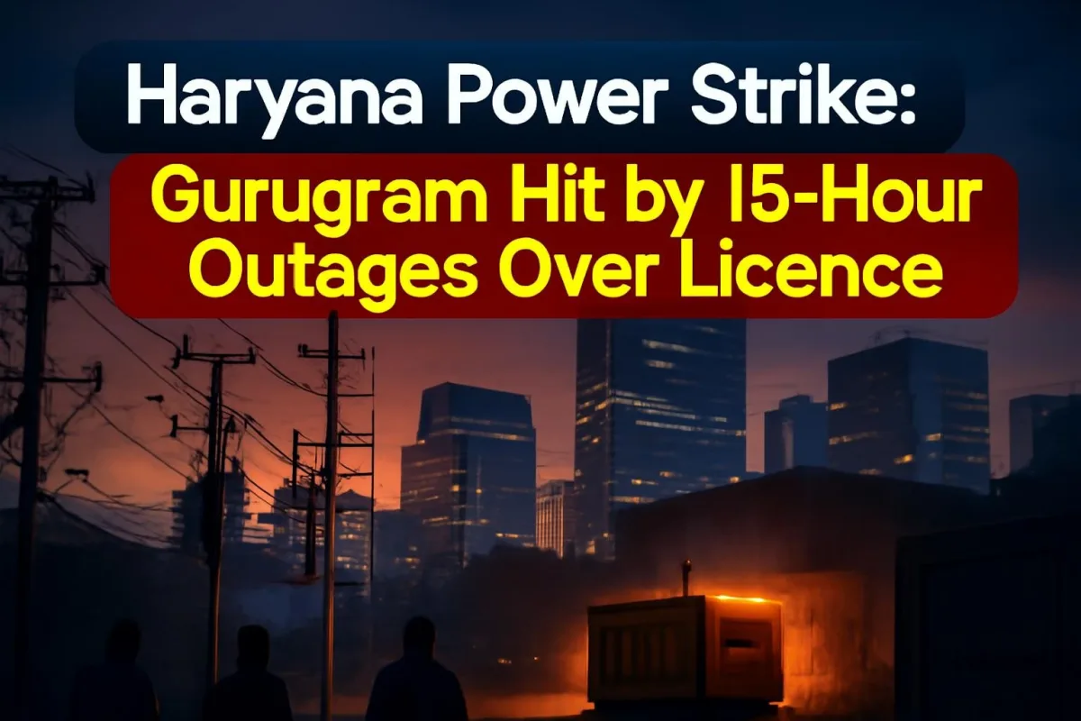 Gurugram skyline at dusk with electricity poles, illustrating power cuts during the Haryana power strike