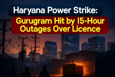Gurugram skyline at dusk with electricity poles, illustrating power cuts during the Haryana power strike