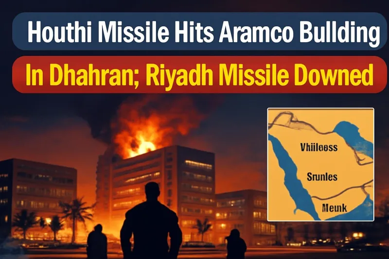 Map of Saudi Arabia and Yemen highlighting Dhahran and Riyadh after Houthi attack