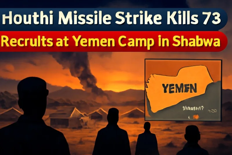 Illustration of a desert training camp in Yemen with a map of Shabwa province
