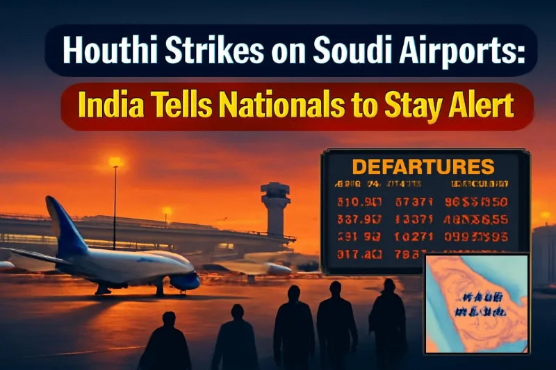 Illustration of Riyadh airport with grounded planes after Houthi attacks on Saudi airports